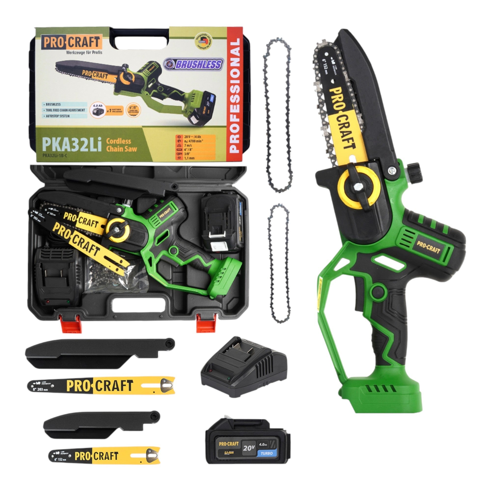 Procraft PKA32Li Akku Kettensäge 20 V 203 mm Brushless + 1x Akku 4,0 Ah + Ladegerät + Koffer