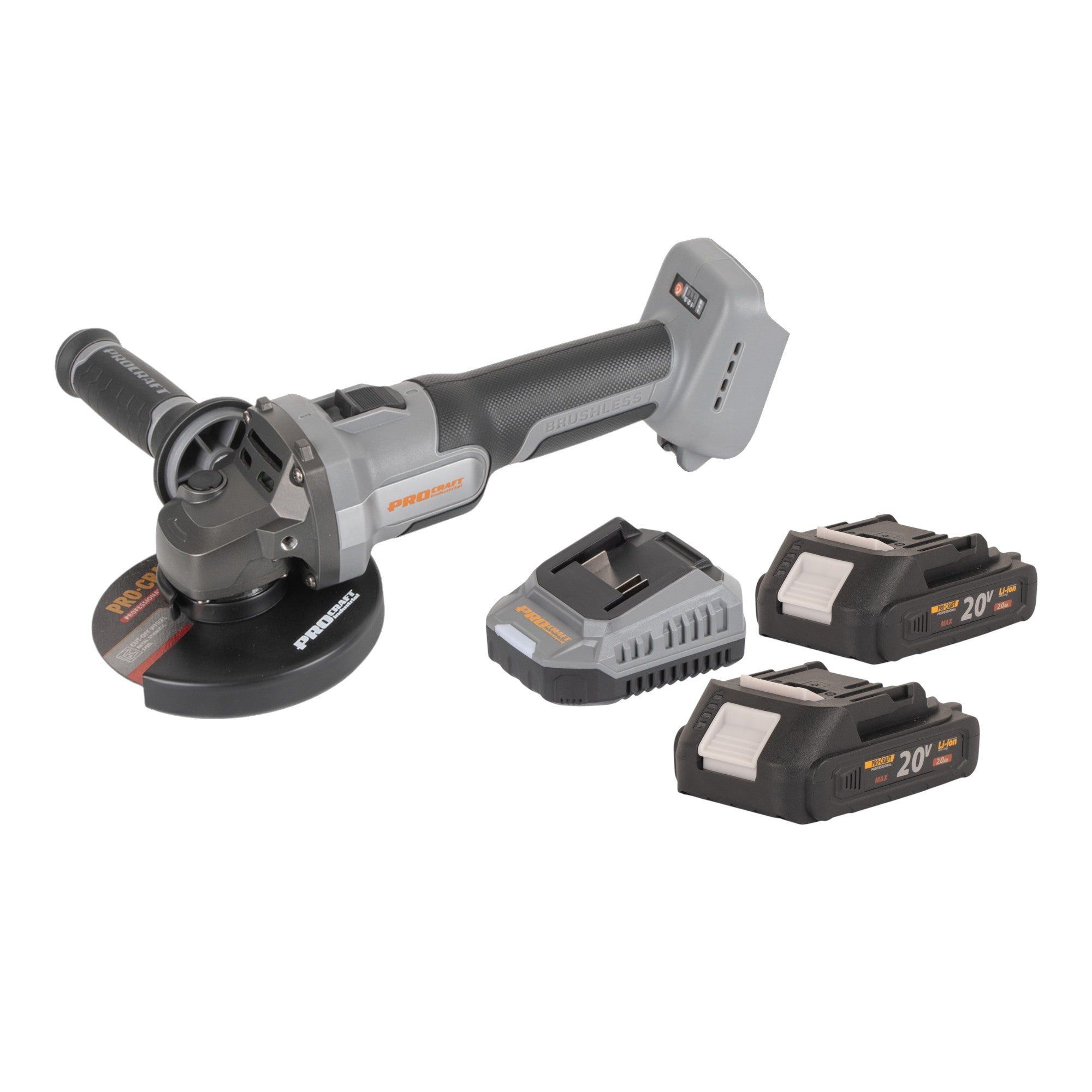 Procraft Industrial AG125Abb Akku Winkelschleifer 20 V 125 mm Brushless + 2x Akku 2,0 Ah + Ladegerät