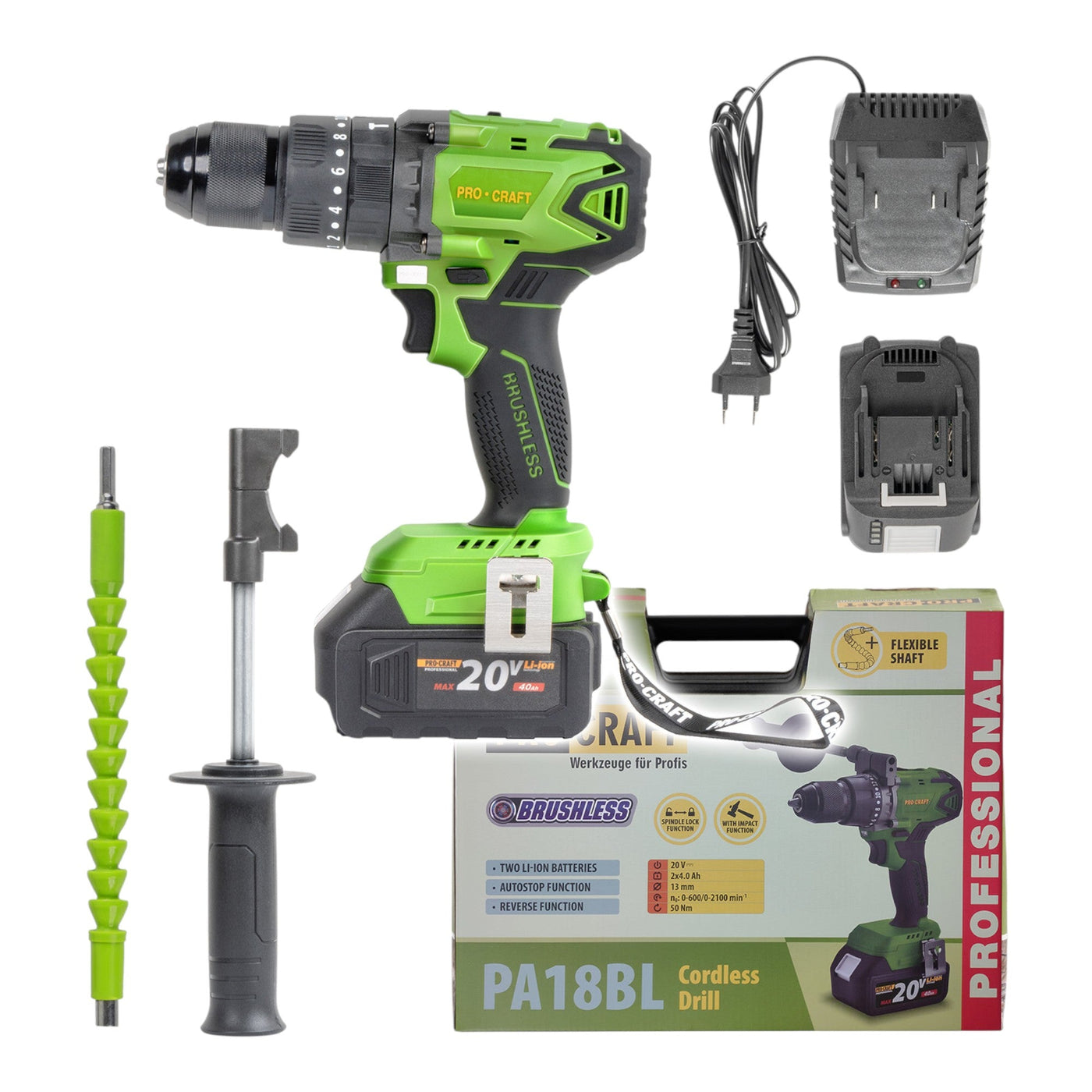 Procraft PA18BL Akku Schlagbohrschrauber 20 V 50 Nm Brushless + 2x Akku 4,0 Ah + Ladegerät + Koffer
