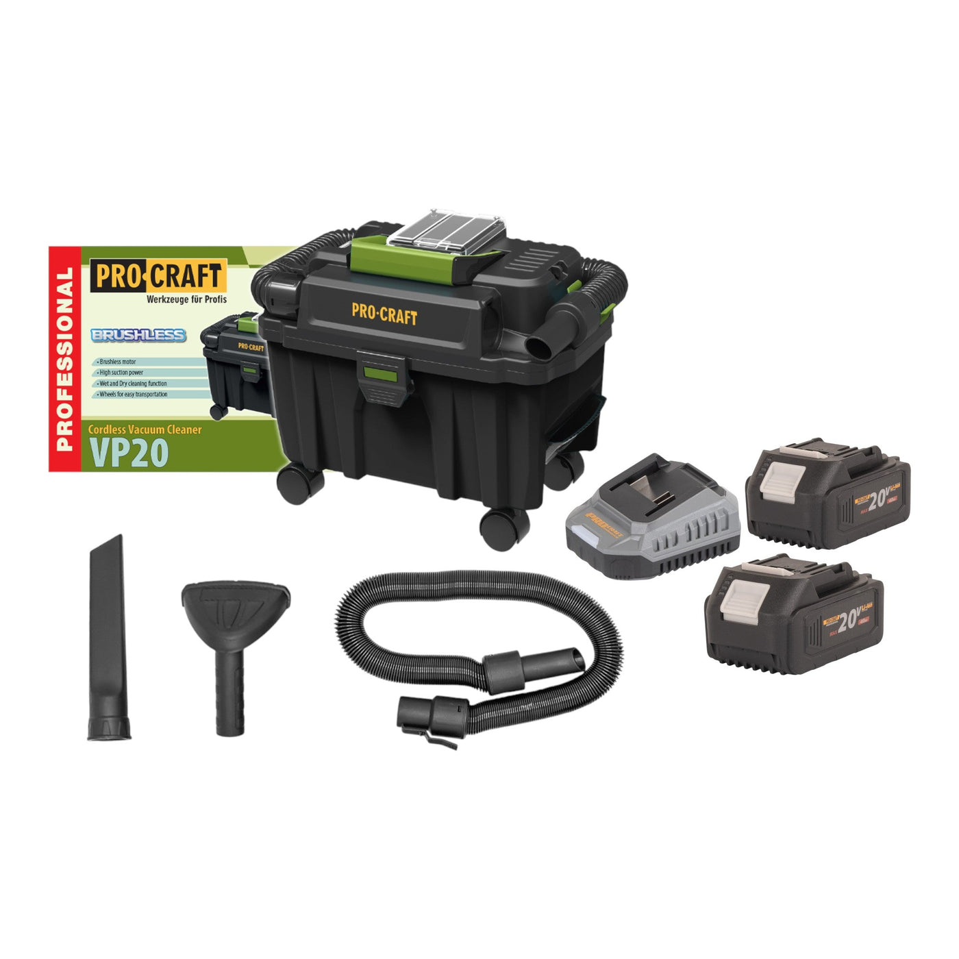 Procraft VP20 Akku Industriesauger 20 V 10 l Brushless + 2x Akku 4,0 Ah + Ladegerät