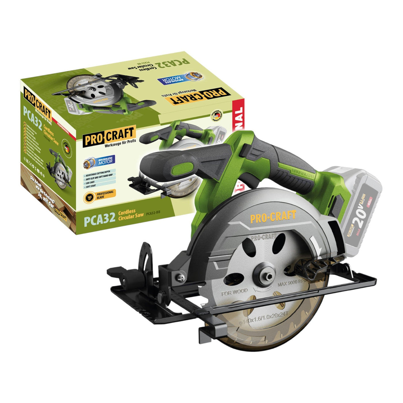 Procraft PCA32-BB Akku Handkreissäge 20 V 165 mm Brushless Solo - ohne Akku, ohne Ladegerät