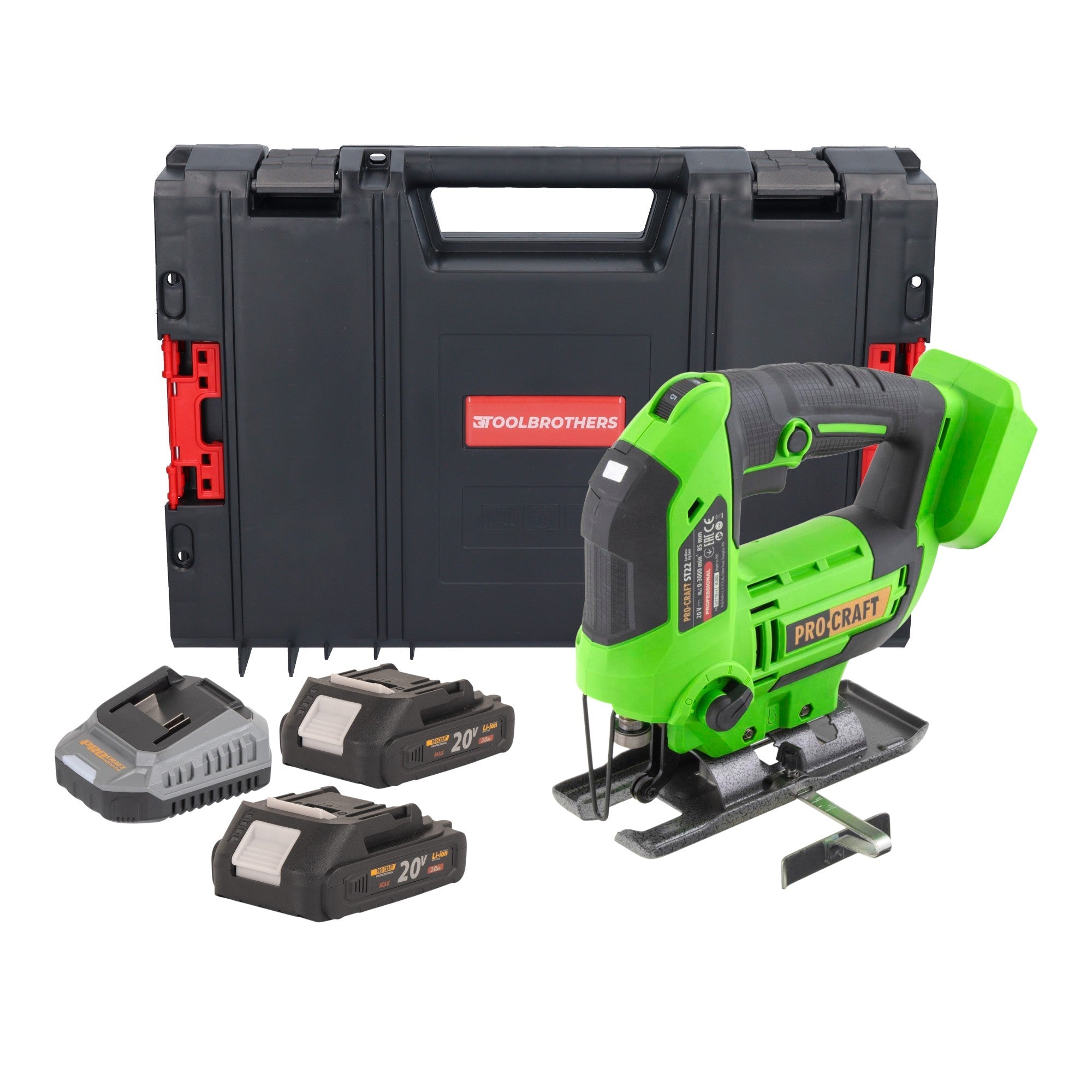 Procraft ST22 Akku Stichsäge 20 V 80 mm Brushless + 2x Akku 2,0 Ah + Ladegerät + RHINO Toolcase