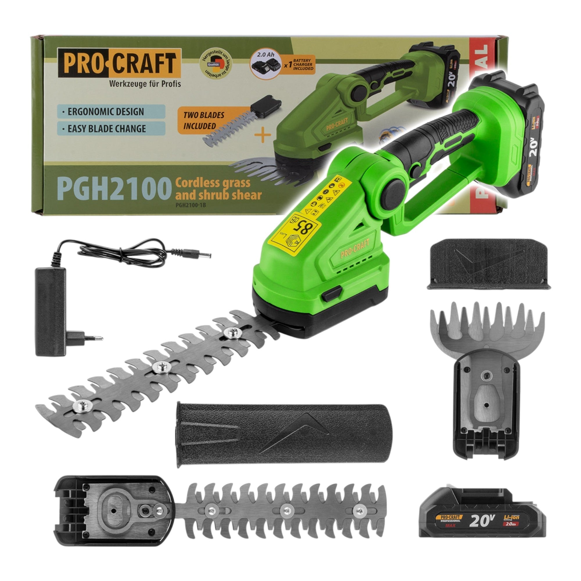Procraft PGH2100 Akku Gras und Strauchschere 20 V + 1x Akku 2,0 Ah + Ladegerät