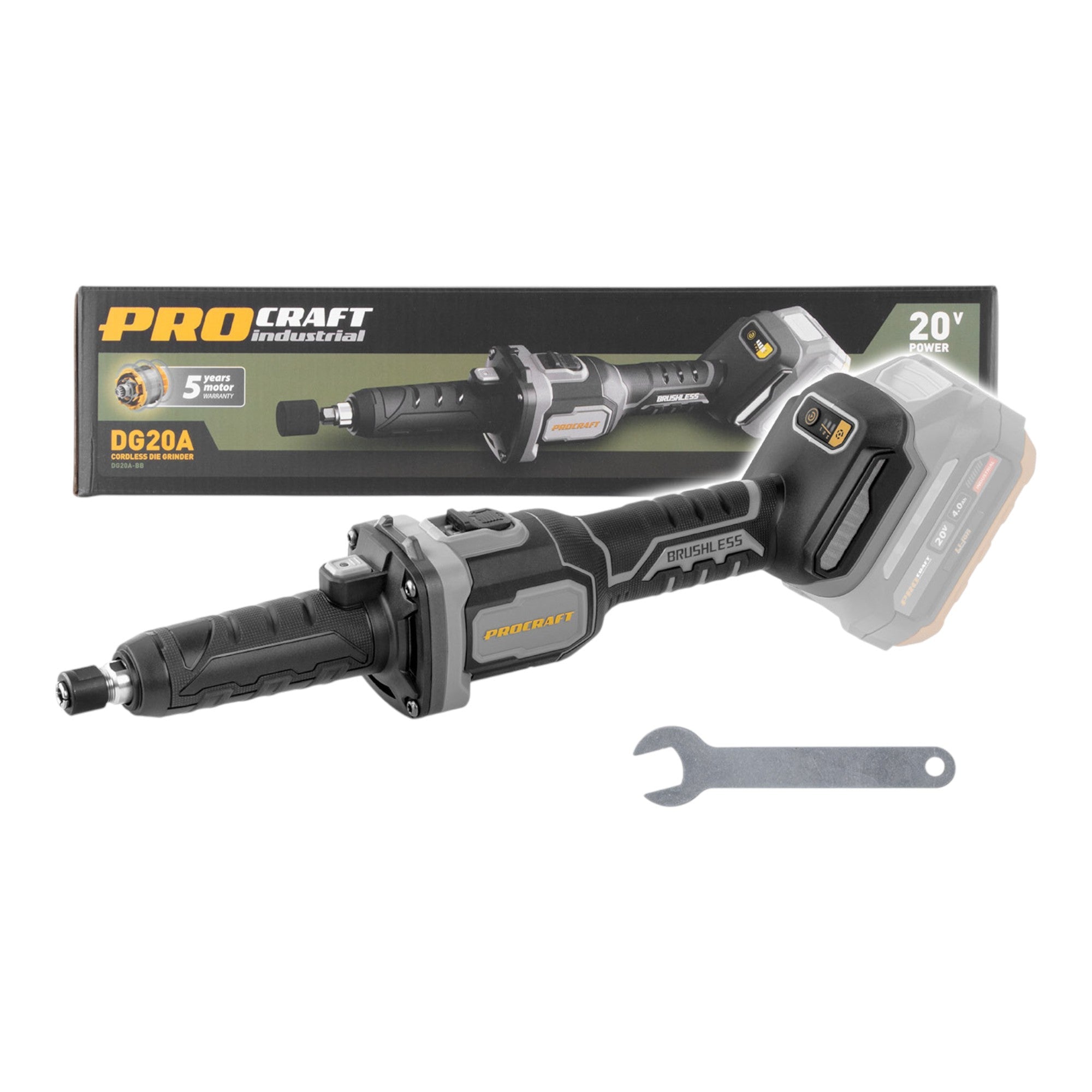 Procraft Industrial DG20A-BB Akku Geradschleifer 20 V 6 mm Brushless Solo - ohne Akku, ohne Ladegerät