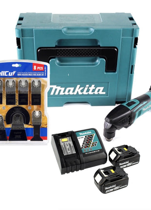 Makita DTM 50 RTJ Akku Multifunktionwerkzeug 18V + 2x Akku 5,0Ah + Ladegerät + WellCut MT-8 8 tlg. Sägeblätter Set + Makpac - Toolbrothers