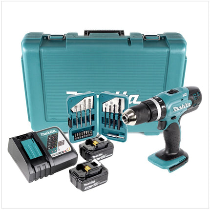 Makita DHP453 RFE 18 V Akku Schlagbohrschrauber im Koffer + 2 x BL1830 3,0 Ah Akku + DC18RC Ladegerät + Bits/Bohrer - Toolbrothers
