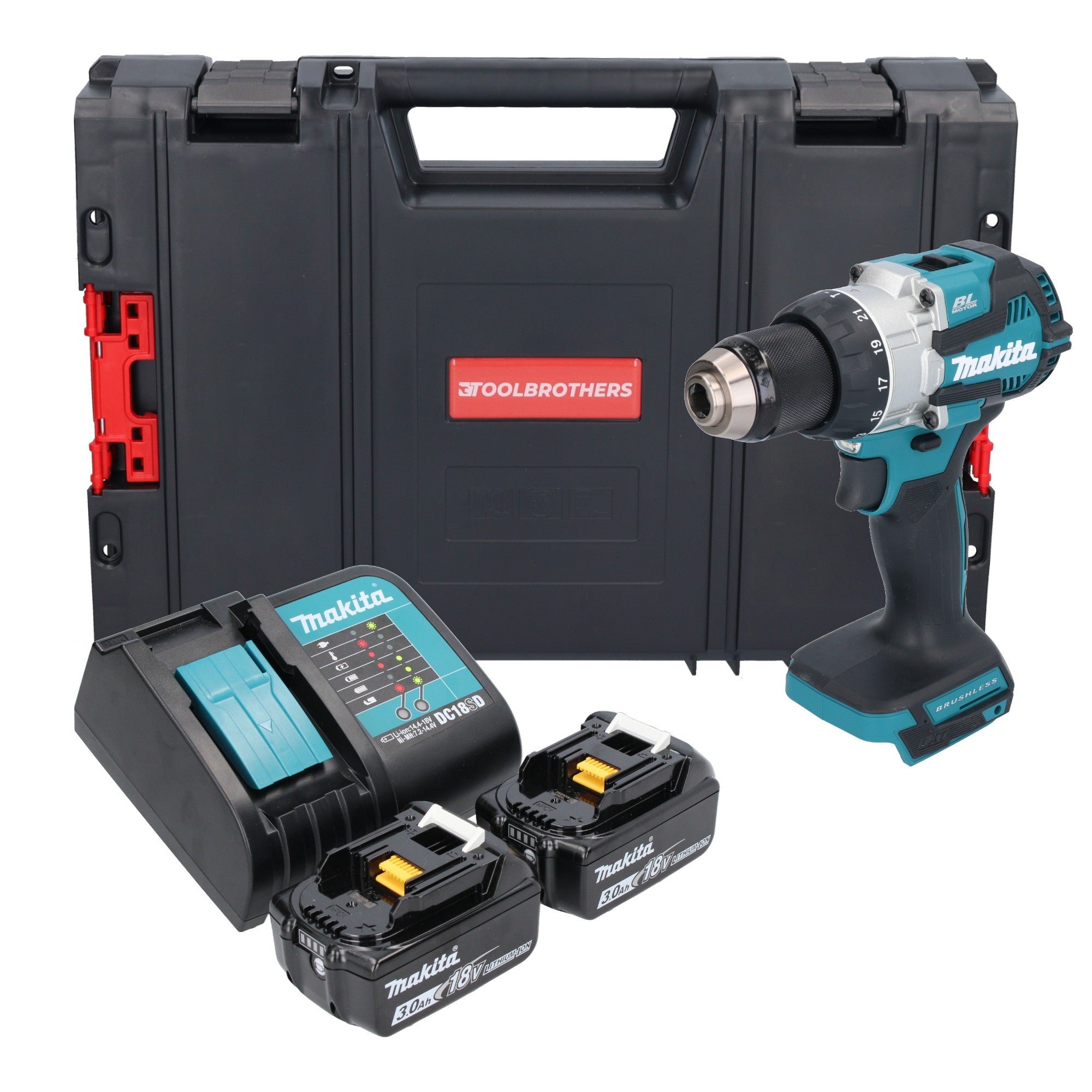 Makita DHP 489 SFJ R Akku Schlagbohrschrauber 18 V 73 Nm Brushless 2x Akku 3 0 Ah Ladegeraet RHINO 0 - toolbrothers
