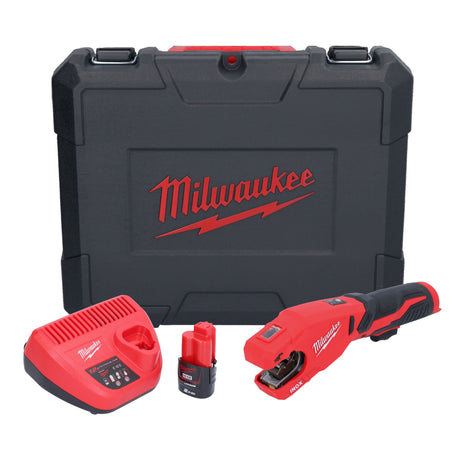 Cortatubos de acero inoxidable a batería Milwaukee M12 PCSS-201C 12 V 12 - 28 mm + 1x batería 2,0 Ah + cargador + estuche