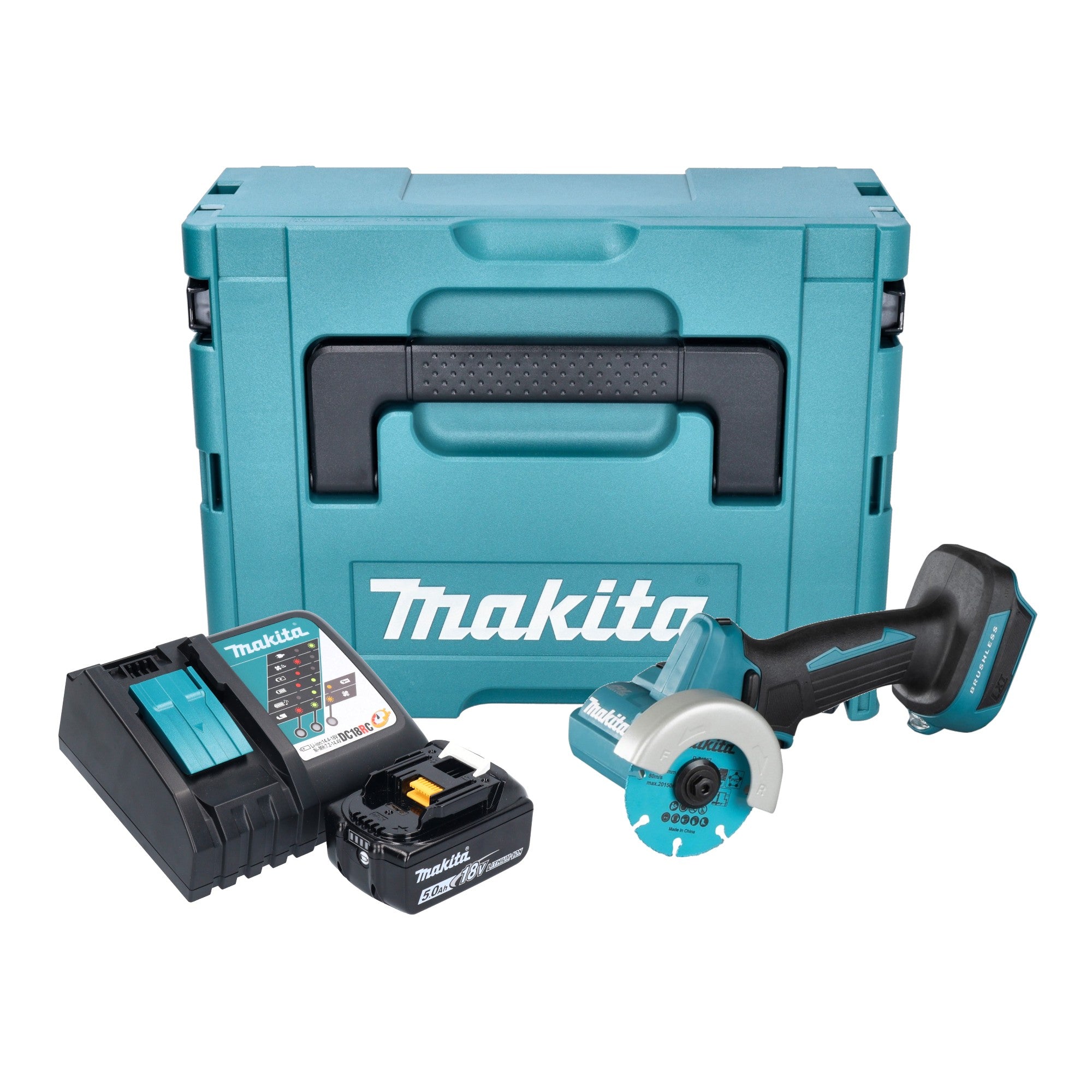 Makita DMC 300 RT1J Akku Winkelschleifer 18 V 76 mm Brushless 1x Akku 5 0 Ah Ladegeraet Makpac 0 - toolbrothers