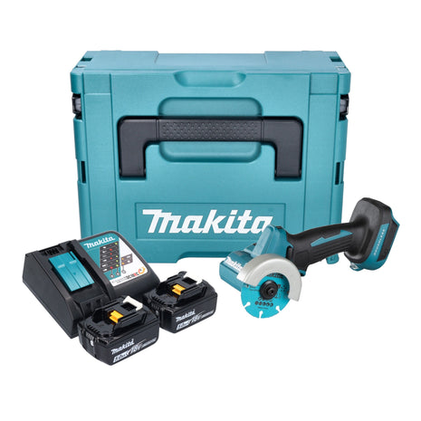 Makita DMC 300 RTJ cordless angle grinder 18 V 76 mm brushless + 2x rechargeable battery 5.0 Ah + charger + Makpac