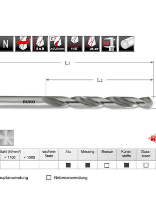 Broca helicoidal RUKO DIN 338 tipo N diámetro nominal 5,8 mm (4000600179)