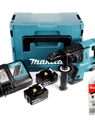 Makita DHR 264 2 x 18 V / 36 V Li-Ion SDS Plus Akku-Bohrhammer in Makpac 4 mit Einlage + 2 x BL 1850 B 18 V 5,0 Ah Li-Ion Akku + 1 x DC18RC Ladegerät + 5 tlg. Hartmetall Bohrer Set für Mauerwerk und Beton - Toolbrothers