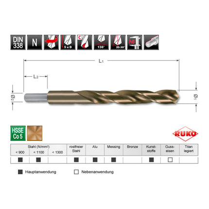 RUKO Spiralbohrer DIN 338 Typ N Nenn-Ø 11 mm HSS-Co5 ( 4000600095 )