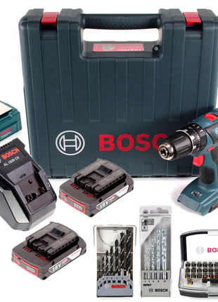 Bosch GSB 18-2-Li Plus Schlagbohrschrauber Professional 18 V im Koffer + 2x GBA 2,0 Ah + Bosch AL 1820 CV Schnellladegerät + Bosch 32 teiliges Bit Set + Bosch 5 tlg. Steinbohrer Set + Bosch Holzbohrer Set 7 tlg + Bosch USB Ladegerät Adapter - Toolbrothers