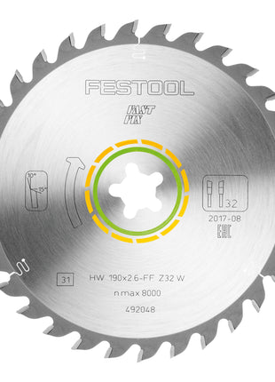 Festool HW 190x2,6 FF W32 Lame circulaire WOOD UNIVERSAL 2 pces ( 2x 492048 ) 190 x 2,6 mm 32 dents pour tous les bois, matériaux dérivés du bois, panneaux de particules, plaques de plâtre, plastique souple