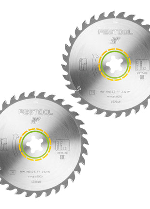 Festool HW 190x2,6 FF W32 Lame circulaire WOOD UNIVERSAL 2 pces ( 2x 492048 ) 190 x 2,6 mm 32 dents pour tous les bois, matériaux dérivés du bois, panneaux de particules, plaques de plâtre, plastique souple