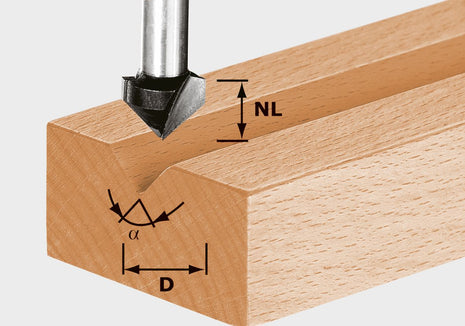 Fraise à rainure en V Festool HS S8 D11/9,5/60° (490997) pour OF 900, OF 1000, OF 1010, OF 1010 R, OF 1400, OF 2000, OF 2200