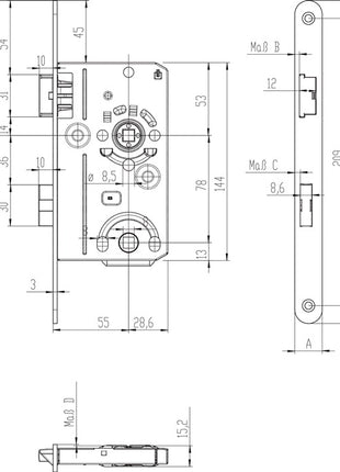 Cerradura de embutir para puerta de habitación SSF BAD20/55/78/8 mm DIN izquierda (3000251029)