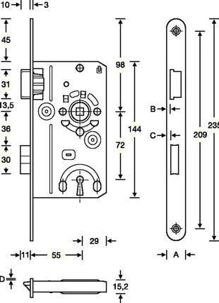 Cerradura de embutir para puerta de habitación SSF BB 20/55/72/8 mm DIN izquierda (3000251084)