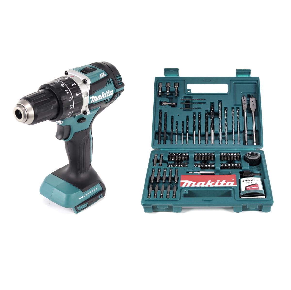 Makita DHP 484 Z Trapano avvitatore con percussione a batteria 18V + 1x Set Makita B-53811 di 100 punte per trapano