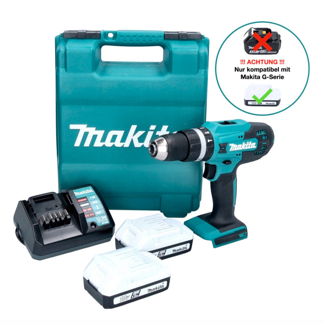 Trapano avvitatore a percussione a batteria Makita HP488DWE 42Nm 18V Serie G + 2 batterie da 1,5 Ah + caricabatterie + custodia