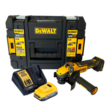 Akumulatorowa szlifierka kątowa DeWalt DCG 409 E1T 18 V 125 mm bezszczotkowa + 1x akumulator Powerstack 1,7 Ah + ładowarka + TSTAK