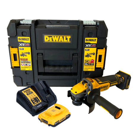 Akumulatorowa szlifierka kątowa DeWalt DCG 409 D1T 18 V 125 mm bezszczotkowa + 1x akumulator 2,0 Ah + ładowarka + TSTAK