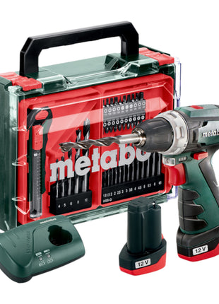 Metabo Powermaxx BS Basic Set Perceuse-visseuse sans fil 12 V 34 Nm ( 600080710 ) + 2x batterie 2,0 Ah + chargeur + 41 pcs. kit d'accessoires + coffret