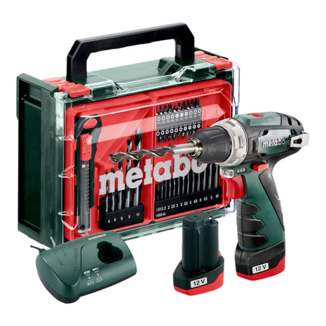 Metabo Powermaxx BS Basic Set taladro atornillador inalámbrico 12 V 34 Nm (600080710) + 2 baterías 2,0 Ah + cargador + set de accesorios 41 piezas + maletín