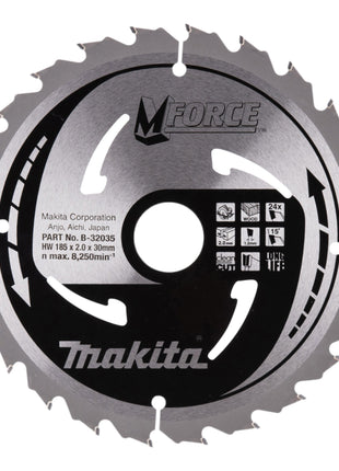 Lame de scie circulaire Makita M-FORCE 185 x 30 x 2,0 mm 24 dents ( B-32035 ) pour le bois