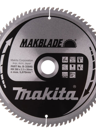 Makita MAKBLADE Kreissägeblatt 260 x 30 x 2,3 mm 80 Zähne ( B-32845 ) für Holz