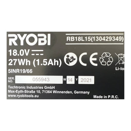 Ryobi RB18L15 batteria ricaricabile 18 V 1,5 Ah / 1500 mAh Li-Ion ONE+ ( 5133001905 ) con indicatore del livello di carica