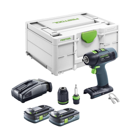 Festool T 18+3 Basic Perceuse-visseuse sans fil 18 V 50 Nm Brushless + 2x batterie 4,0 Ah + chargeur rapide + Systainer