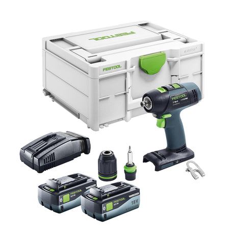 Festool T 18+3 Basic taladro atornillador a batería 18 V 50 Nm sin escobillas + 2 baterías 8,0 Ah + cargador rápido + systainer