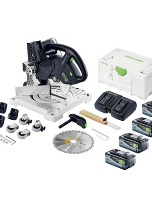 Festool SYMC 70 EB-Basic SYMMETRIC Akku Leistensäge 36 V ( 2 x 18 V ) 216 mm + 4x Akku 8,0 Ah + Doppelladegerät + Systainer