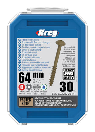 Kreg HD Protec-Kote Maxi-Loc Vis pour trous de poche 64 mm ( SML-C2X250-30-INT ) Filetage grossier 30 pces