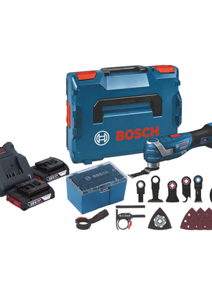 Bosch GOP 18V-34 Professional Cutter multifonctions sans fil 18 V Starlock Plus + 2x batterie 2,0 Ah + chargeur + 17 pces accessoires + L-Boxx