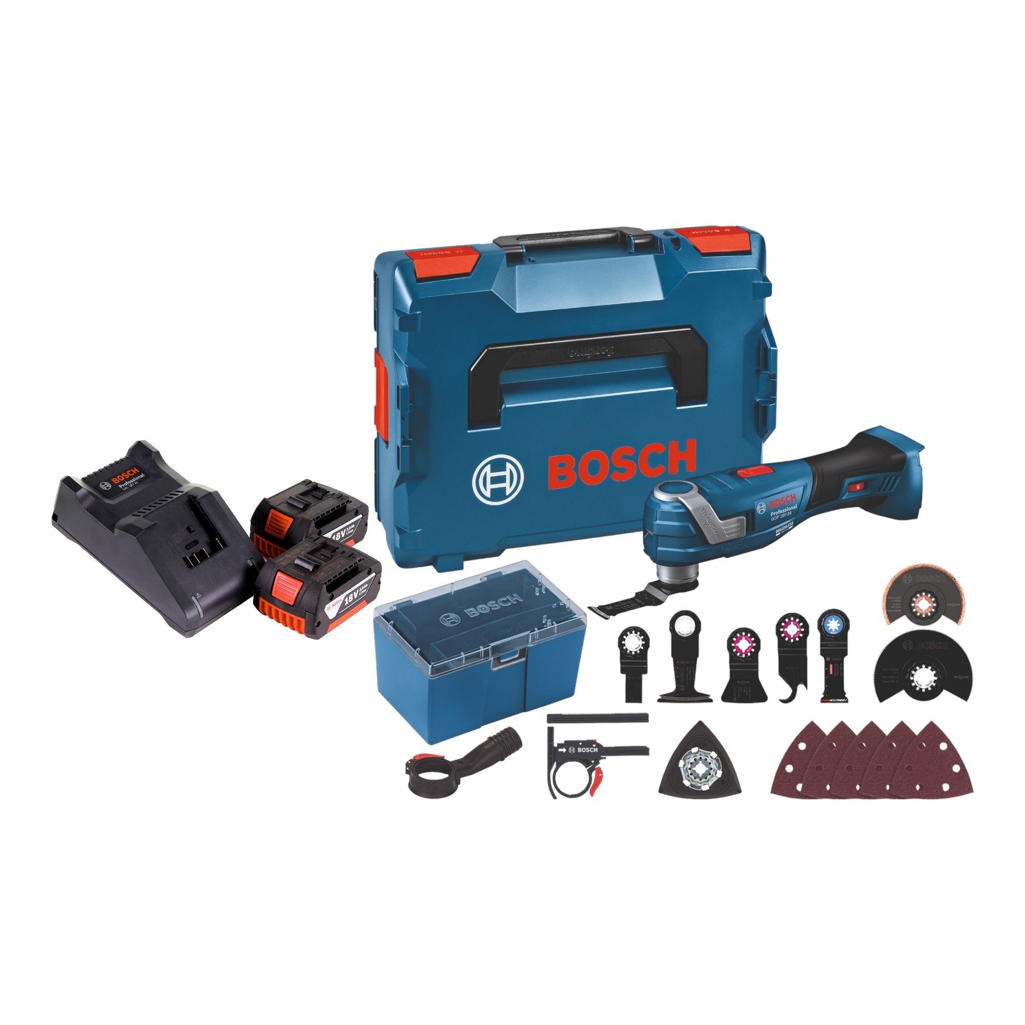 Bosch GOP 18V 34 Professional Akku Multi Cutter 18 V Starlock Plus 2x Akku 3 0 Ah Ladegeraet 17 tlg Zubehoer L Boxx 0 - toolbrothers