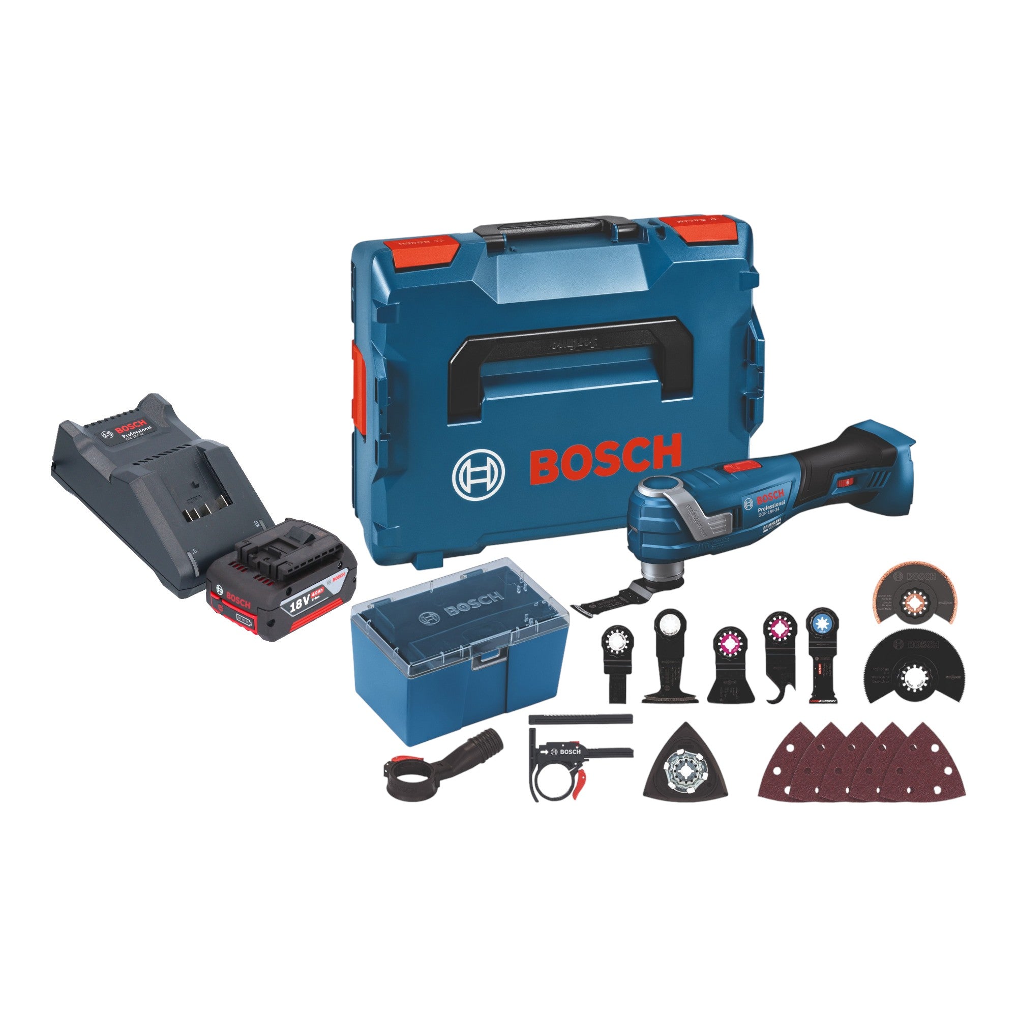 Bosch GOP 18V 34 Professional Akku Multi Cutter 18 V Starlock Plus 1x Akku 4 0 Ah Ladegeraet 17 tlg Zubehoer L Boxx 0 - toolbrothers