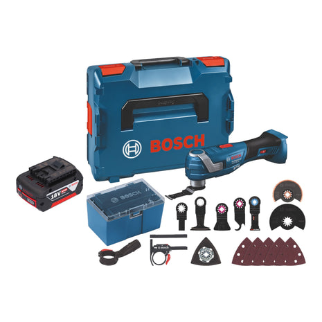 Bosch GOP 18V-34 Multi Cutter professionale a batteria 18 V Starlock Plus + 1x batteria ricaricabile 5,0 Ah + 17 accessori + L-Boxx - senza caricabatterie