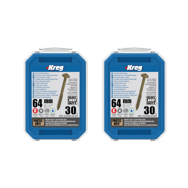 Kreg 2x HD Protec-Kote Maxi-Loc viti per fori tascabili 64 mm ( 2x SML-C2X250-30-INT ) filettatura grossa 60 pezzi