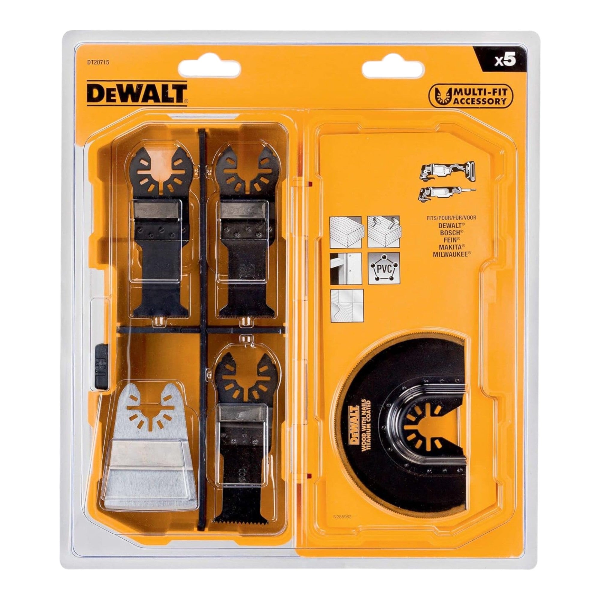 DeWalt DT 20715 QZ Multitool Zubehoer 5 tlg fuer Holz Holz mit Naegeln Kunststoff Gipskarton Lack und Kleberesten 1 - toolbrothers