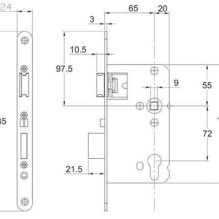 Schnegel Korridor-Einsteckschloss ( 3000259587 ) PZW 24/65/72/9 mm DIN links / rechts 008/1499/65