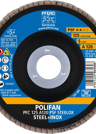 Arandela dentada PFERD POLIFAN A PSF STEELOX (8000429632) Ø 125 mm grano 120 cónica