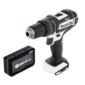 Makita DHP 482 ZW Trapano avvitatore a percussione a batteria 18V bianco + Kit 31 punte Wiha Dinotech Edition  - senza batteria, senza caricabatterie