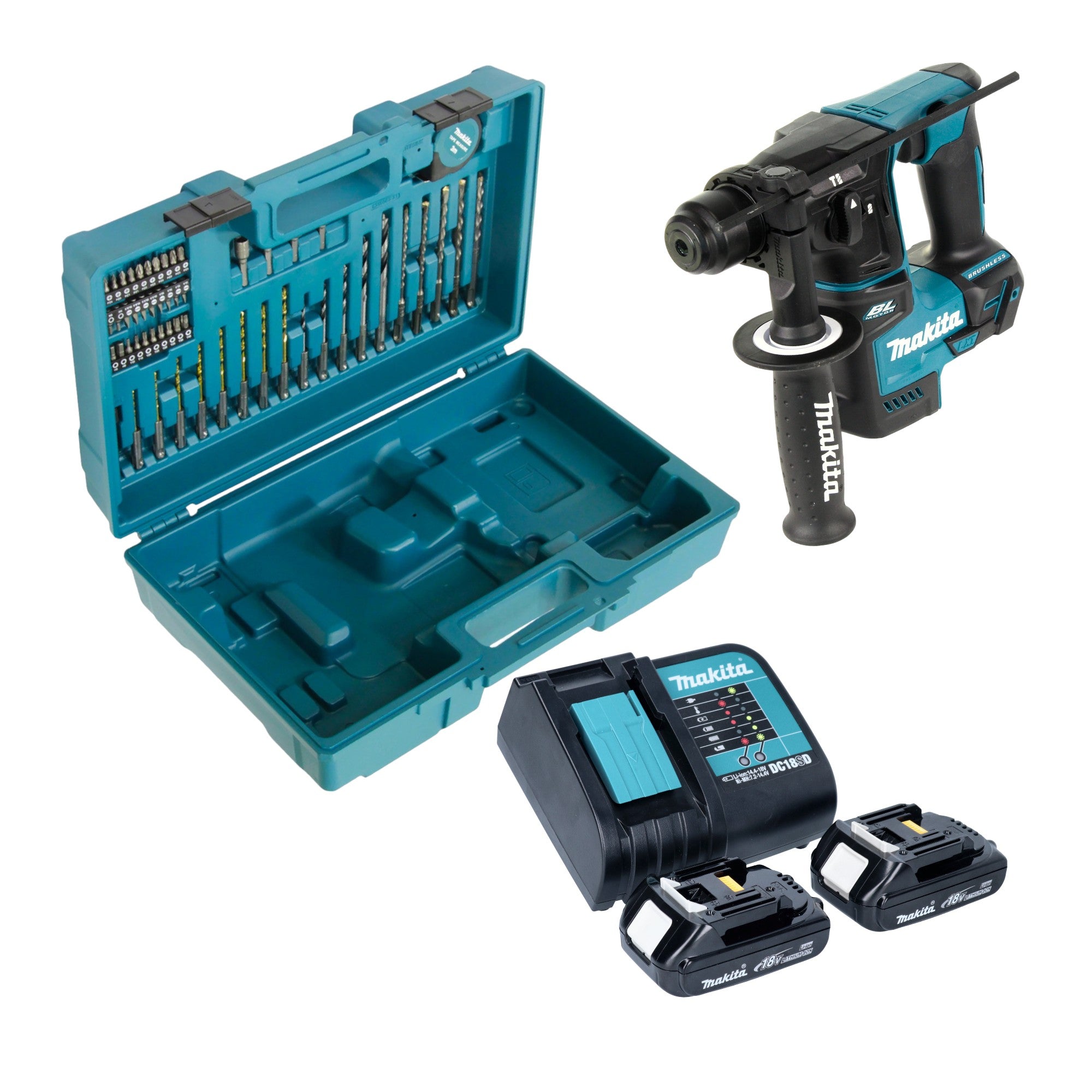 Makita DHR 171 SYX3 Akku Bohrhammer 18 V 1 2 J SDS Plus Brushless 2x Akku 1 5 Ah Ladegeraet 65 tlg Zubehoer Set Koffer 0 - toolbrothers