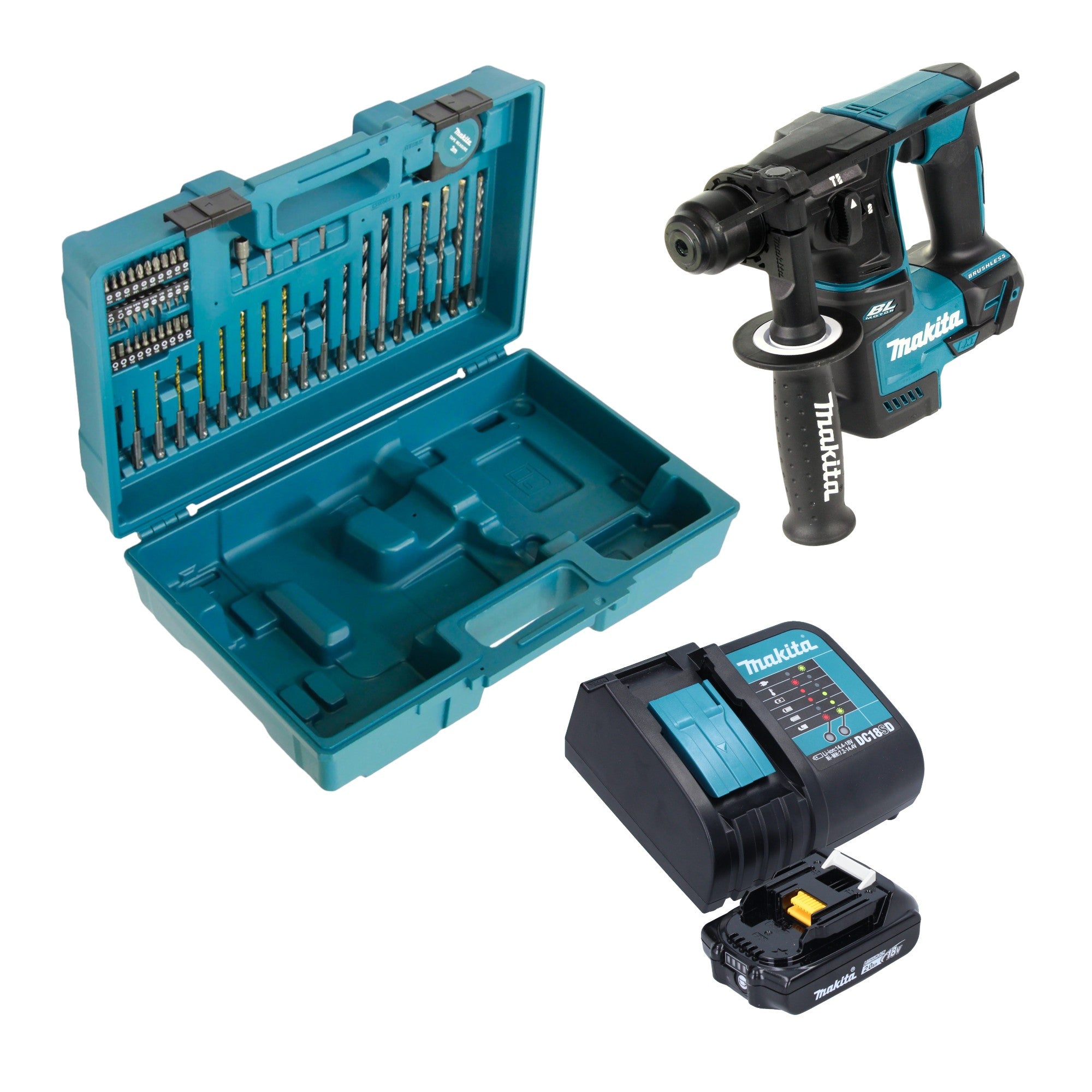 Makita DHR 171 SA1X3 Akku Bohrhammer 18 V 1 2 J SDS Plus Brushless 1x Akku 2 0 Ah Ladegeraet 65 tlg Zubehoer Set Koffer 0 - toolbrothers