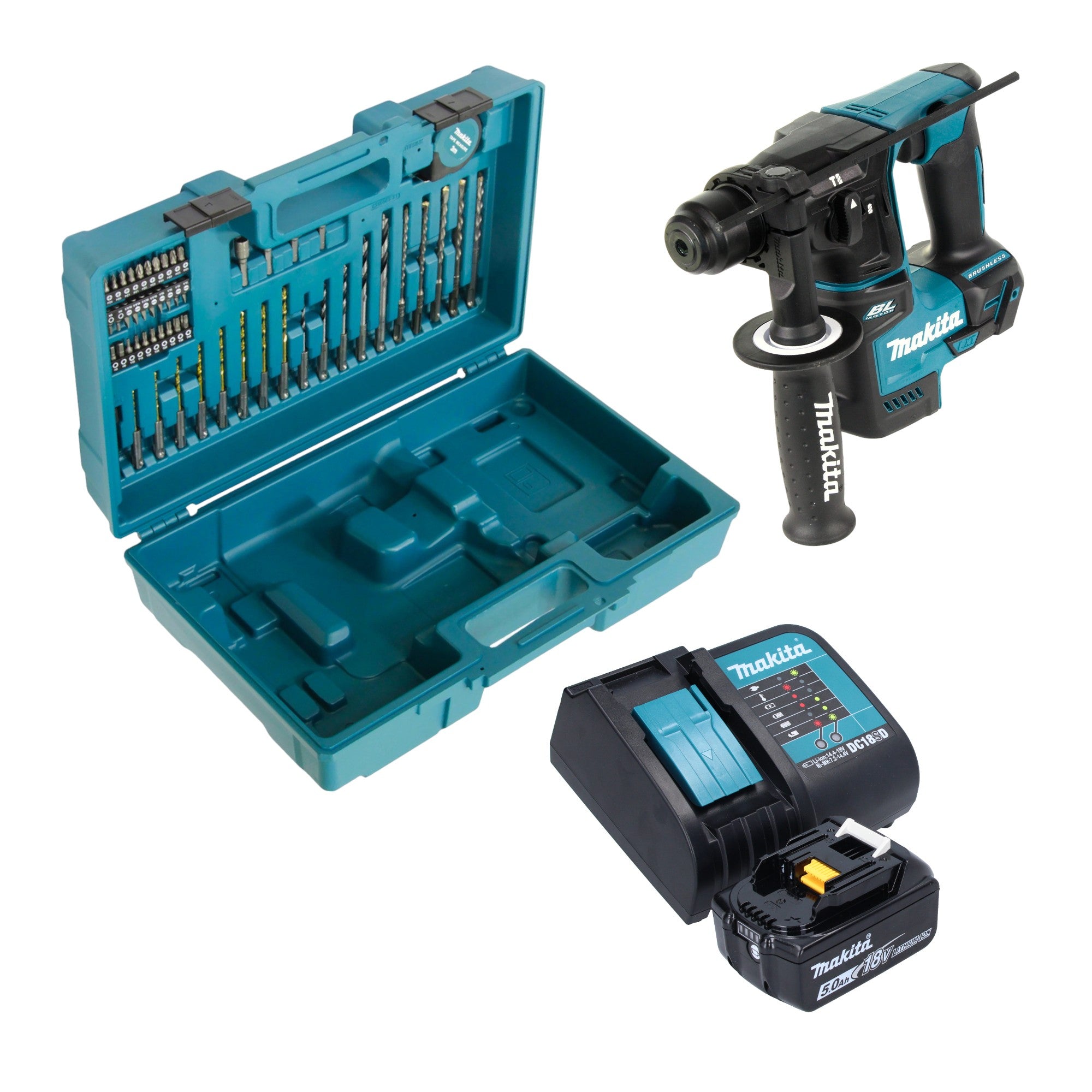 Makita DHR 171 ST1X3 Akku Bohrhammer 18 V 1 2 J SDS Plus Brushless 1x Akku 5 0 Ah Ladegeraet 65 tlg Zubehoer Set Koffer 0 - toolbrothers