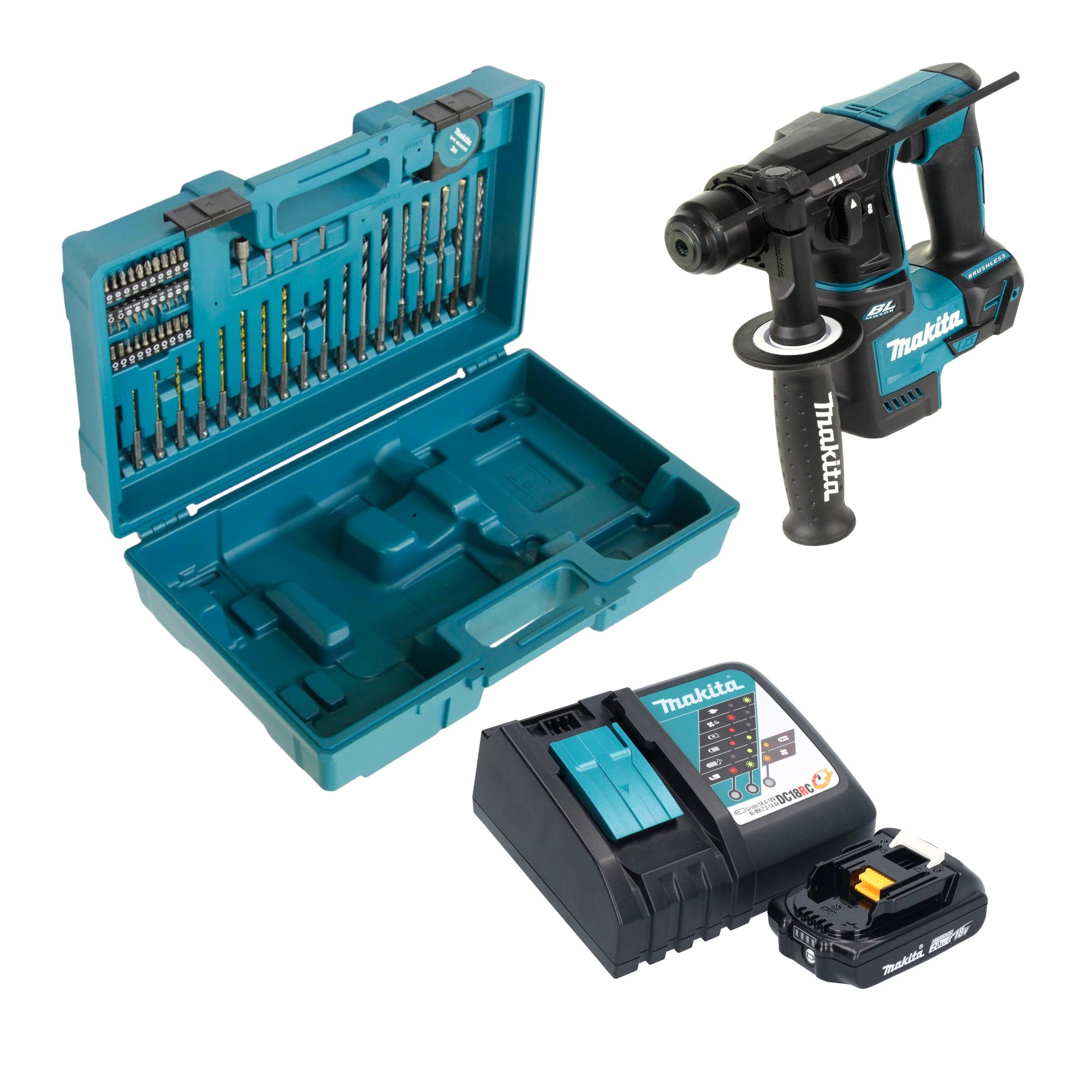 Makita DHR 171 RA1X3 Akku Bohrhammer 18 V 1 2 J SDS Plus Brushless 1x Akku 2 0 Ah Ladegeraet 65 tlg Zubehoer Set Koffer 0 - toolbrothers
