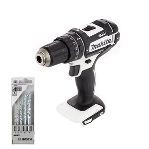 Makita DHP 482 Z W Akku Schlagbohrschrauber Solo 18V 62Nm - ohne Akku und Lader + Bosch 5 tlg. Steinbohrer Set